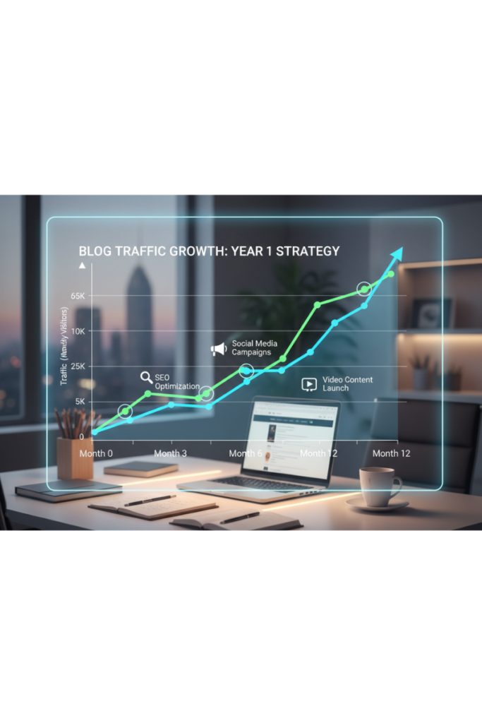 Blog traffic growth chart showing SEO and content strategy results over one year