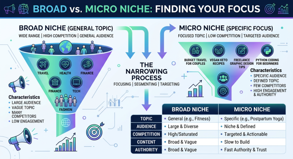 Broad vs micro blog niche comparison showing how to narrow a blog topic for better SEO and audience targeting